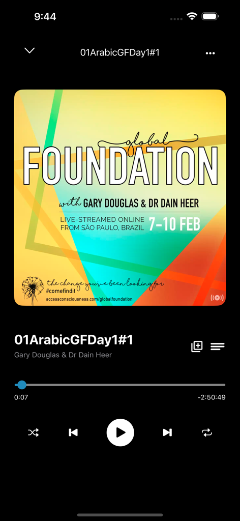 Interface of the AccessMe app showing the audio player screen for a Global Foundation seminar with Gary Douglas and Dr Dain Heer