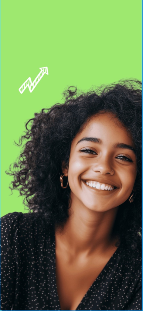 A smiling young woman with an upward growth arrow representing financial success on a green background