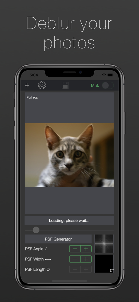 The Image Deblur app interface on a smartphone showing manual precision controls and a cat photo being processed for clarity.