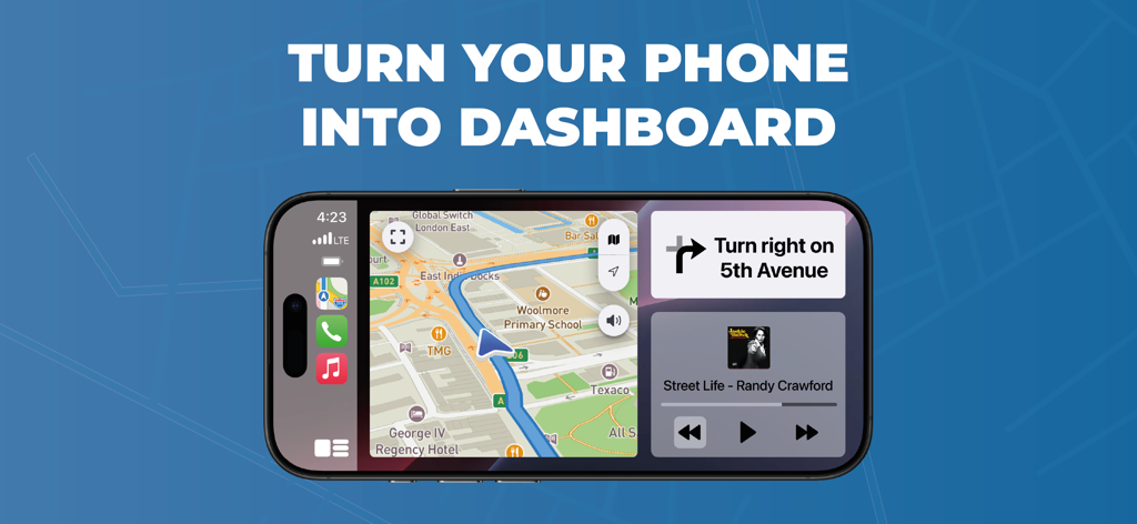 A smartphone in landscape mode displaying a split-screen car dashboard with navigation maps and music controls