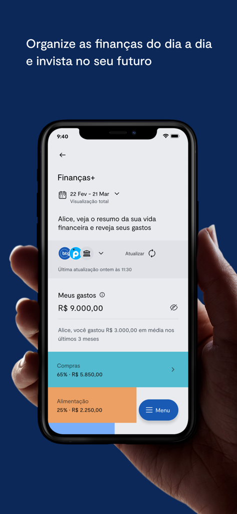 BTG Pactual Banking - Hand hält ein Smartphone mit der BTG Pactual Banking App Finanzübersicht mit Ausgabenkategorien