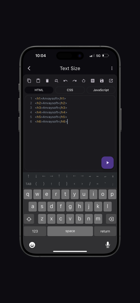 Interfaz móvil de HTML Creator Pro que muestra un editor de código con etiquetas de encabezado HTML y un teclado especializado para símbolos de codificación