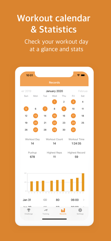 Pushupstar: push ups counter - Pushupstar app workout calendar and statistics dashboard showing monthly progress and fitness metrics.