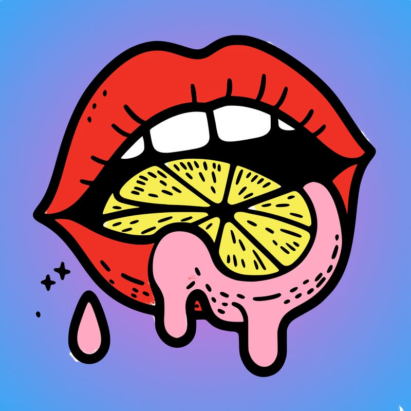 lips with a lemon in it and lemon juice  dripping