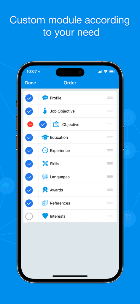 Quick Resume Pro - Interface of Quick Resume Pro app showing a list of resume sections like education and skills to be selected and reordered