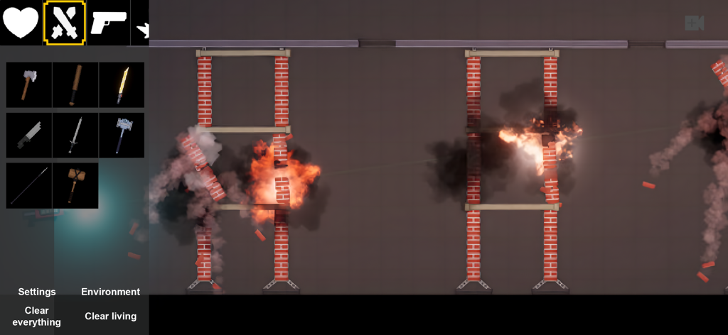 Una escena de juego de sandbox de física con explosiones y estructuras.