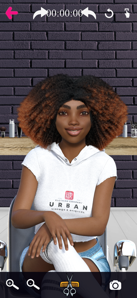 A black female character with a large afro sitting in a barber chair within the Barber Chop app interface.