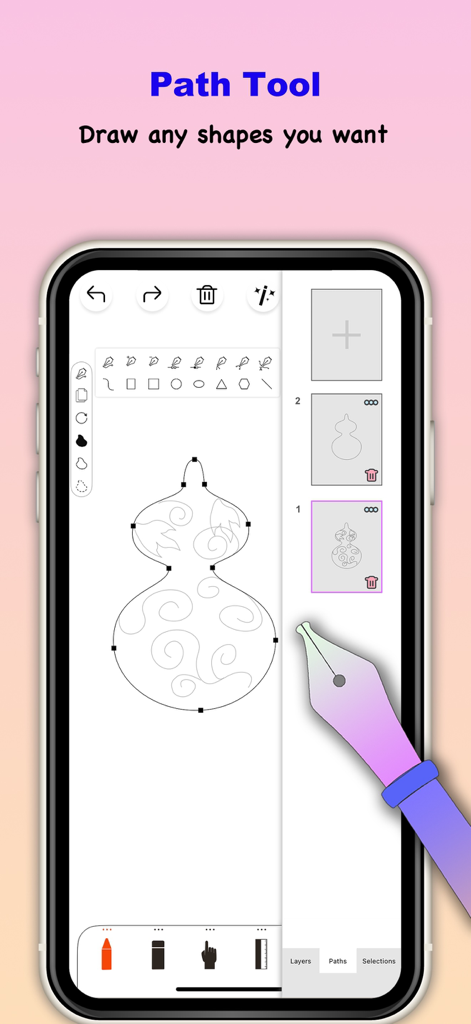 Sketch Tree Pro mobile app interface showcasing the Path Tool feature for drawing custom shapes on iPhone