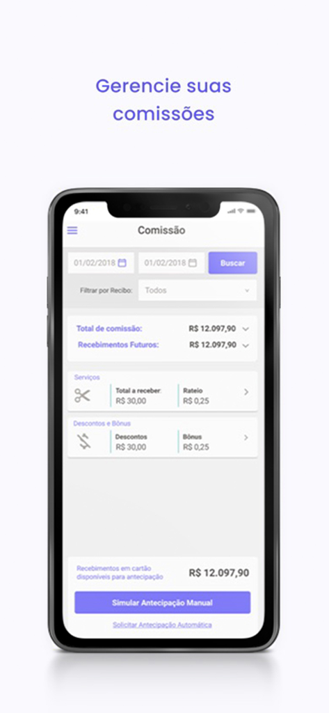 Tela móvel do aplicativo Avec Pro mostrando acompanhamento de comissões e relatórios financeiros para profissionais de beleza.