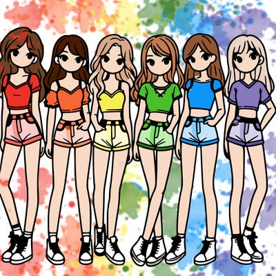 a group of girls wearing crop tops and shorts