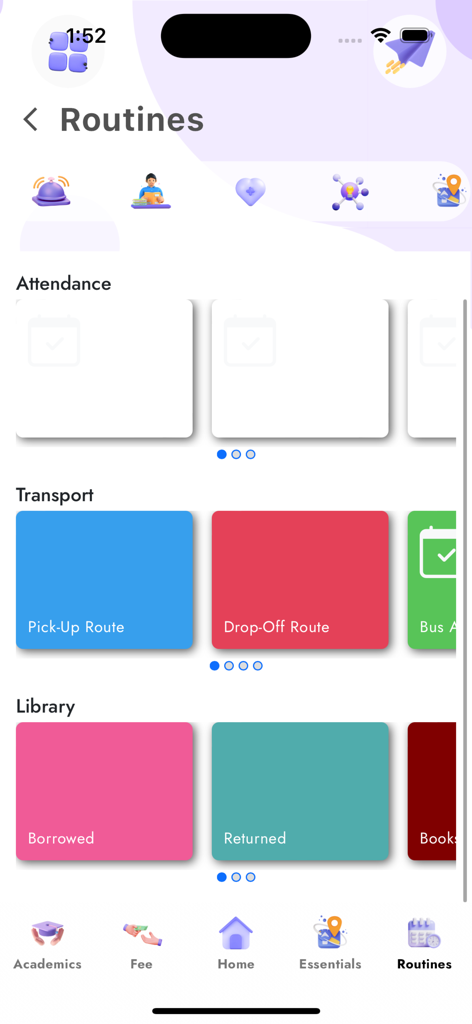 MES School Qatar - MES School Qatar mobile app routines screen showing attendance transport routes and library book status