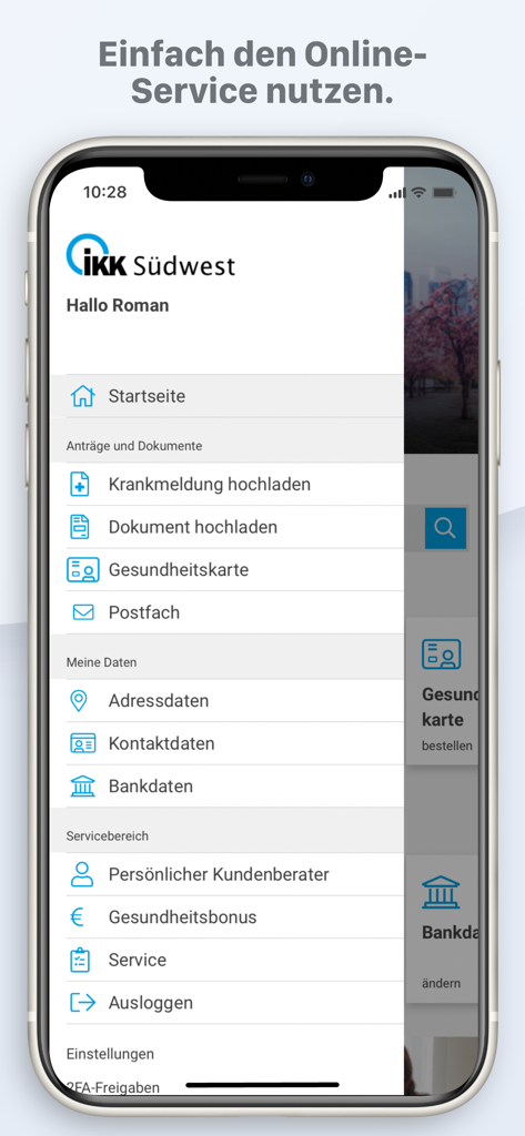 IKK Suedwest Mobile App-Dashboard-Menü mit Optionen zum Hochladen von Krankmeldungen und zur Verwaltung von Krankenversicherungsdokumenten