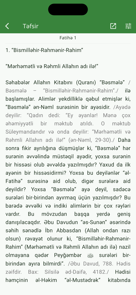 Tanzil (Quran with Tajweed) - Tafsir commentary screen in Azerbaijani for the Tanzil Quran app