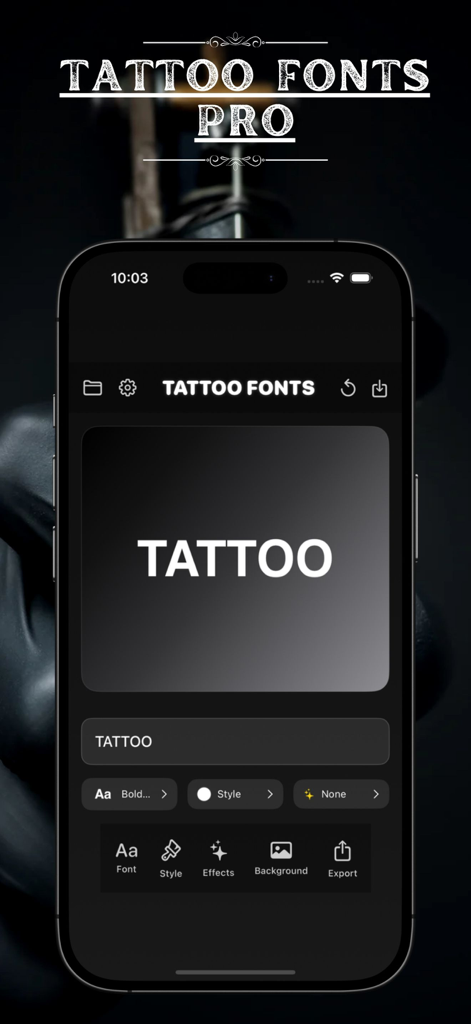 Tattoo Fonts Pro mobile app interface showing text customization tools and font options on a smartphone screen