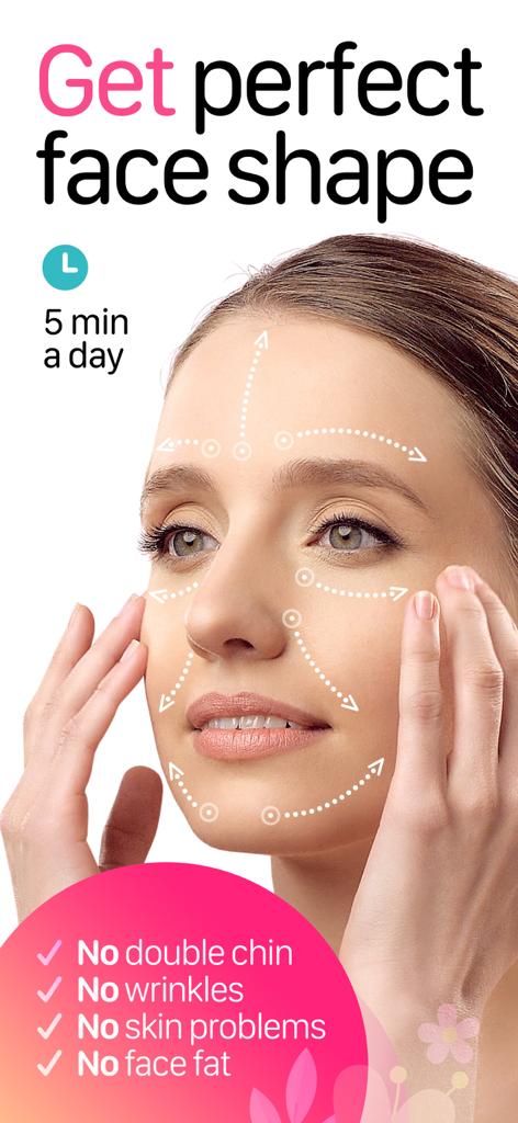 Facegym - Face Fitness Yoga - A woman demonstrating facial yoga exercises with guide lines for a perfect face shape