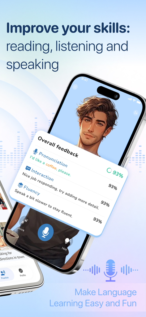 Smartphone screen showing an AI tutor with overall feedback scores for pronunciation, interaction, and fluency in the Lingo AI app.