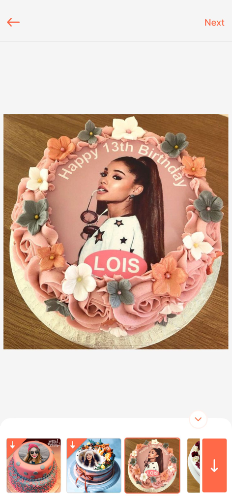 Birthday Photo Frame & Editor - Una interfaz de aplicación móvil que muestra un pastel de cumpleaños personalizado con una foto personalizada y el nombre Lois.