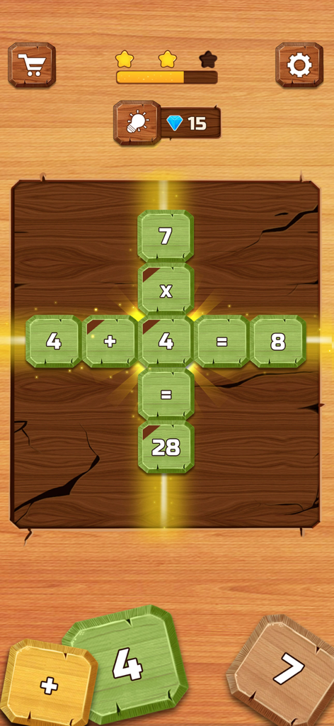 Math Games For Adults - 木製の背景に足し算と掛け算の方程式を示すクロスワード風数学パズル