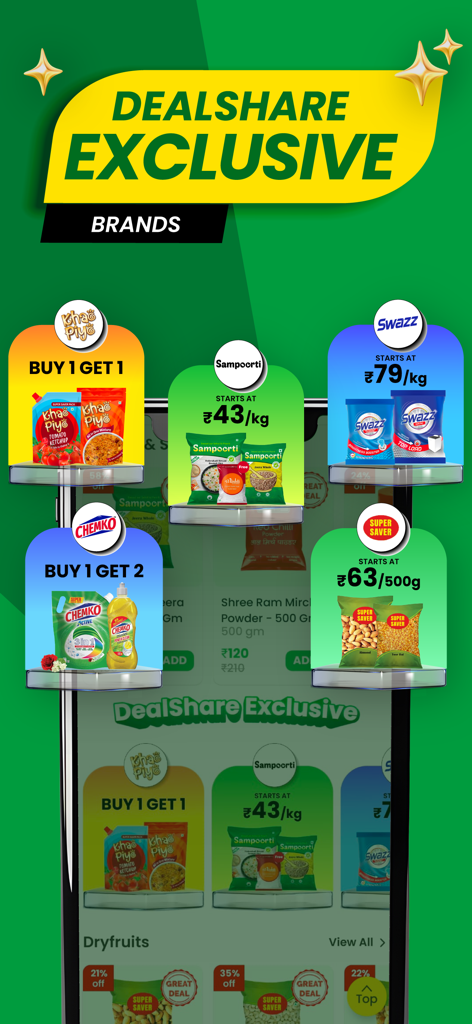 DealShare: Online Grocery App - DealShare app interface showcasing exclusive brand deals and grocery offers for Indian household products