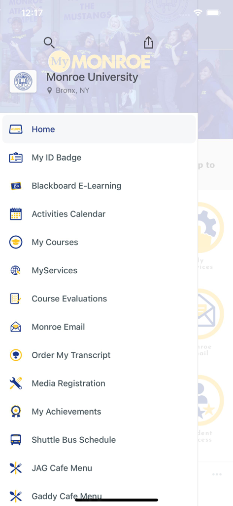 Side navigation menu of the MyMonroe Mobile app showing student resources like courses email and campus services