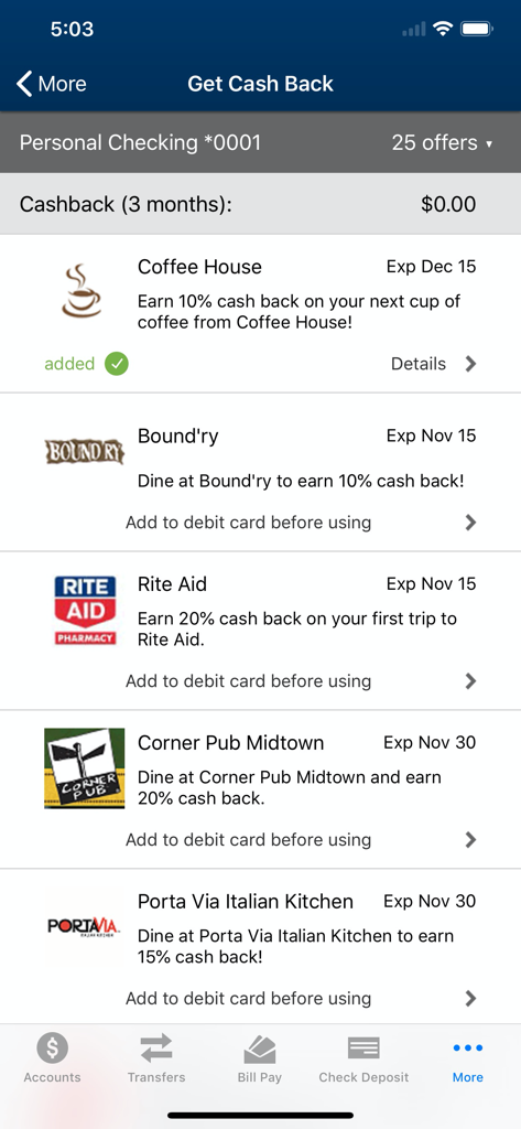 1st MidAmerica CU - A mobile app screen showing several cashback rewards and offers for credit union members