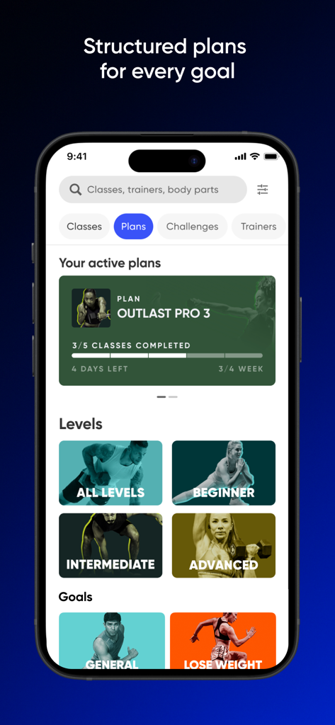 Fiit: Workouts & Fitness Plans - Fiit app interface showing structured workout plans categorized by levels and goals