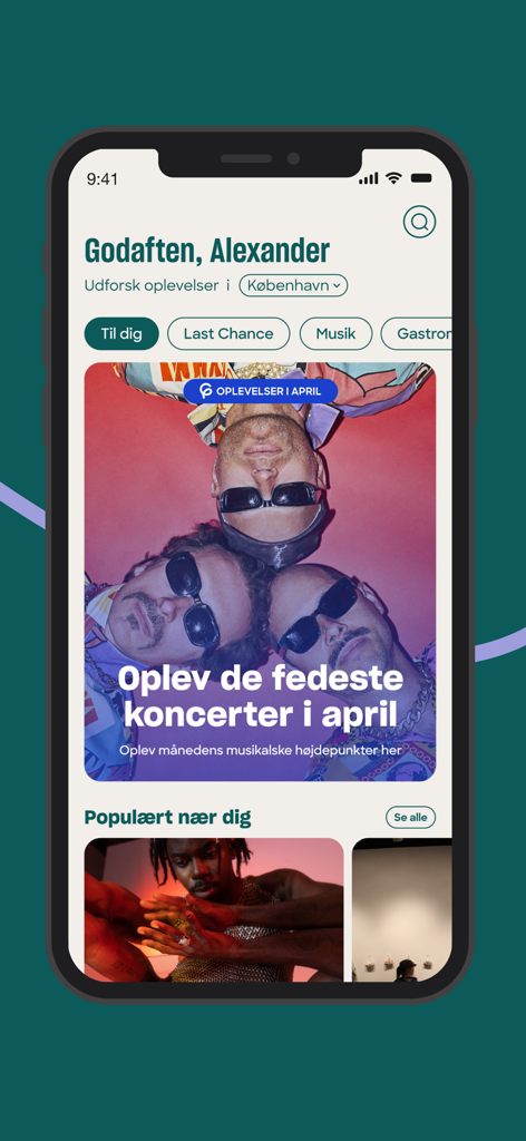 Home screen of the gogo event guide app showing personalized recommendations for concerts and culture in Copenhagen