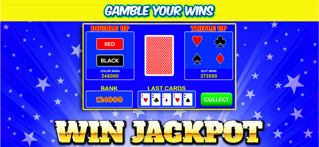 Multi Hand Video Poker & Bingo - Gamble your wins screen in Multi Hand Video Poker showing double up and triple up card mini games