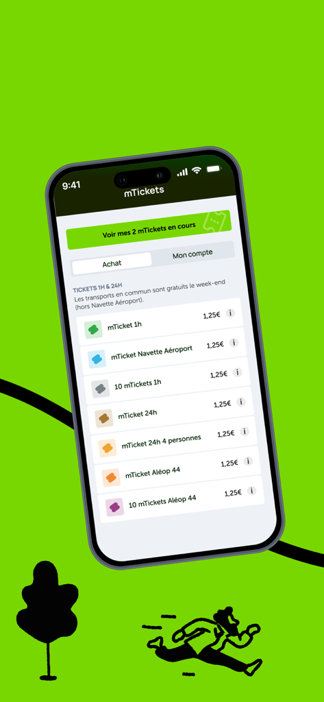 Naolib tram & bus - Tela do aplicativo móvel Naolib mostrando opções para comprar vários bilhetes digitais de ônibus e elétrico em Nantes