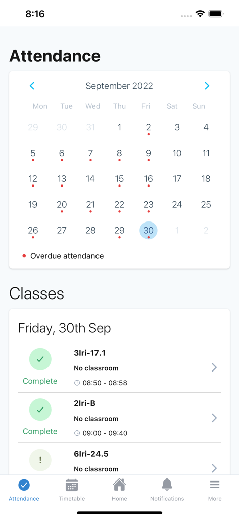 VSware mobile app attendance dashboard displaying a monthly calendar and a list of classes for a teacher.