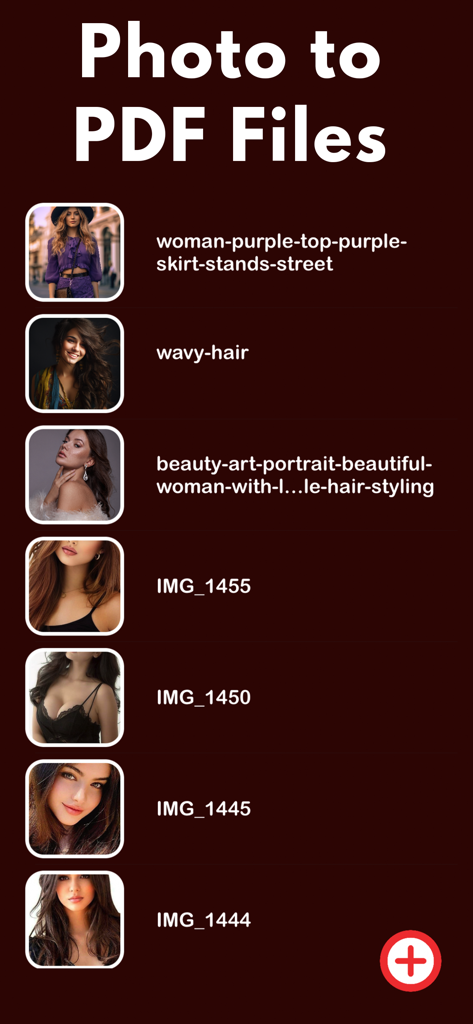 PDF結合・分割アプリの写真からPDFへの変換機能のスクリーンショット。変換用の画像リストが表示されます。