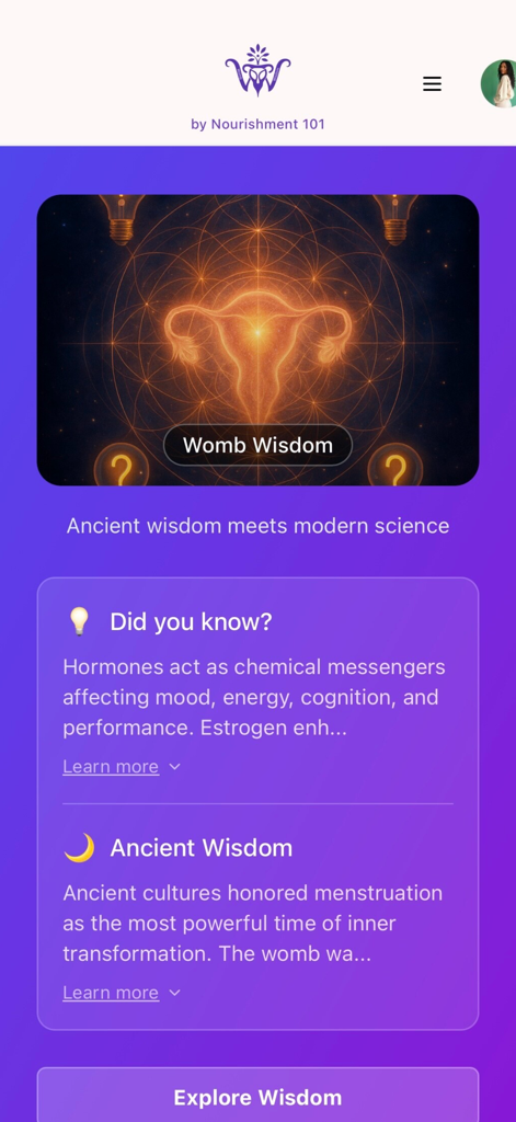 WombWisdom by Nourishment 101 - The home screen of the WombWisdom app featuring an artistic uterus illustration and cards for hormonal health and ancient wisdom insights.