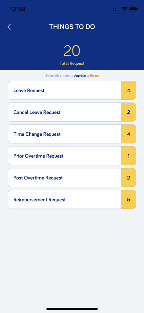 MiHCM app screen showing pending HR requests like leave and reimbursements