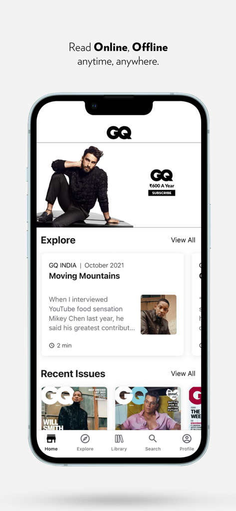 Pantalla de inicio de la aplicación GQ India Digital con artículos de estilo de vida y números recientes de la revista