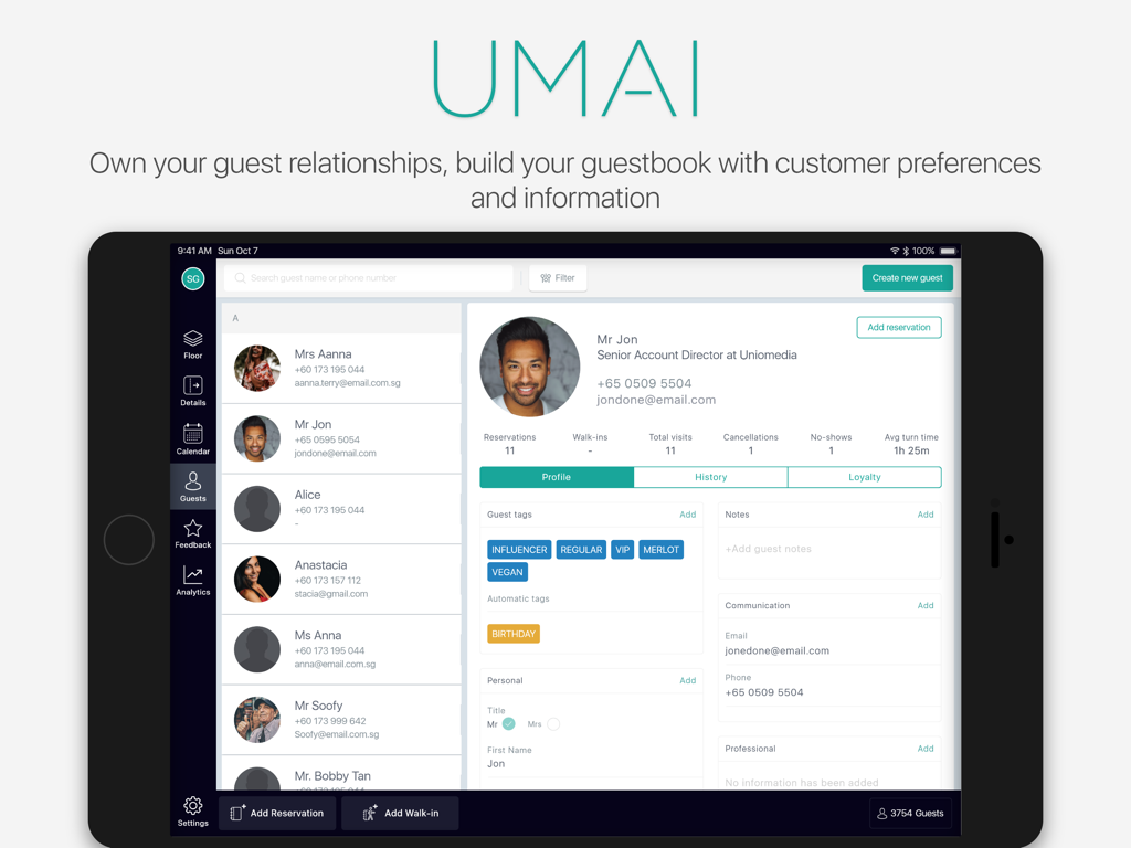 UMAI 360 app on iPad displaying a detailed guest profile with visit history and tags
