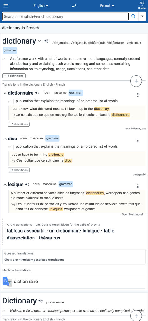Glosbe Dictionary - Screenshot of Glosbe Dictionary app showing English to French translation for dictionary with context sentences and phonetic pronunciations