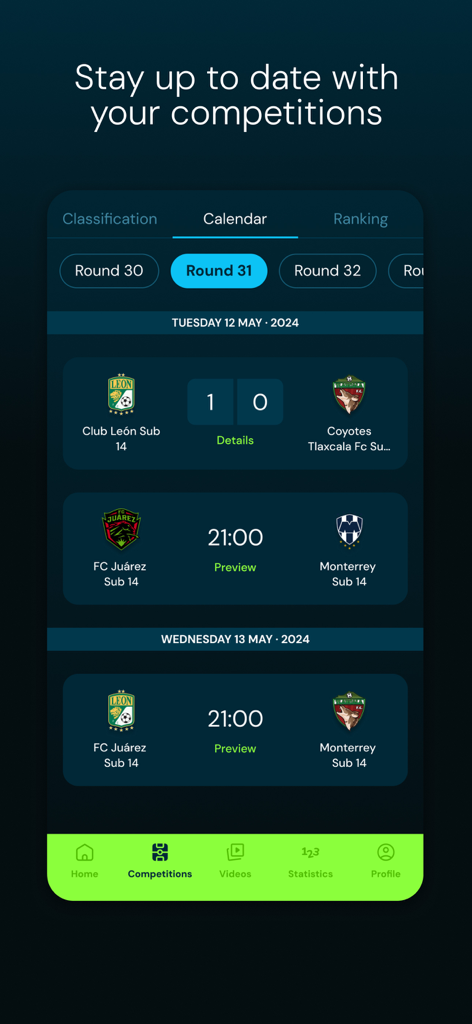 Interfaccia dell'app mobile WAME Sports che mostra il calendario delle competizioni, i risultati delle partite e i prossimi calendari.