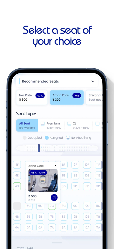 IndiGo: Flight Booking App - Interface der IndiGo App, das eine Flugzeugsitzkarte zur Auswahl und Buchung von Sitzen anzeigt.