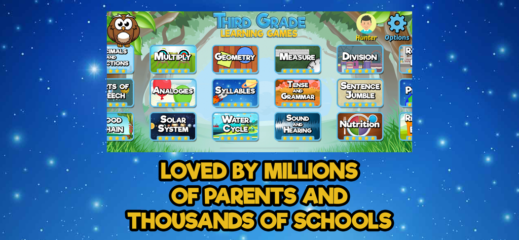 Third Grade Learning Games - Il menu principale dell'app Giochi didattici per la terza elementare con categorie educative come matematica, lingua e scienze