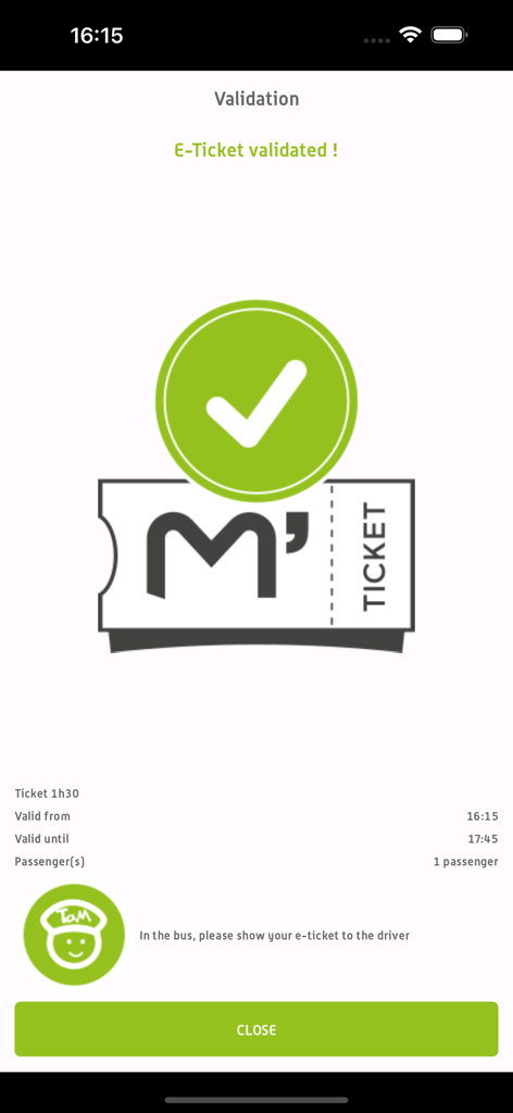 Écran de confirmation montrant un e-ticket validé dans l'application M'Ticket TaM.