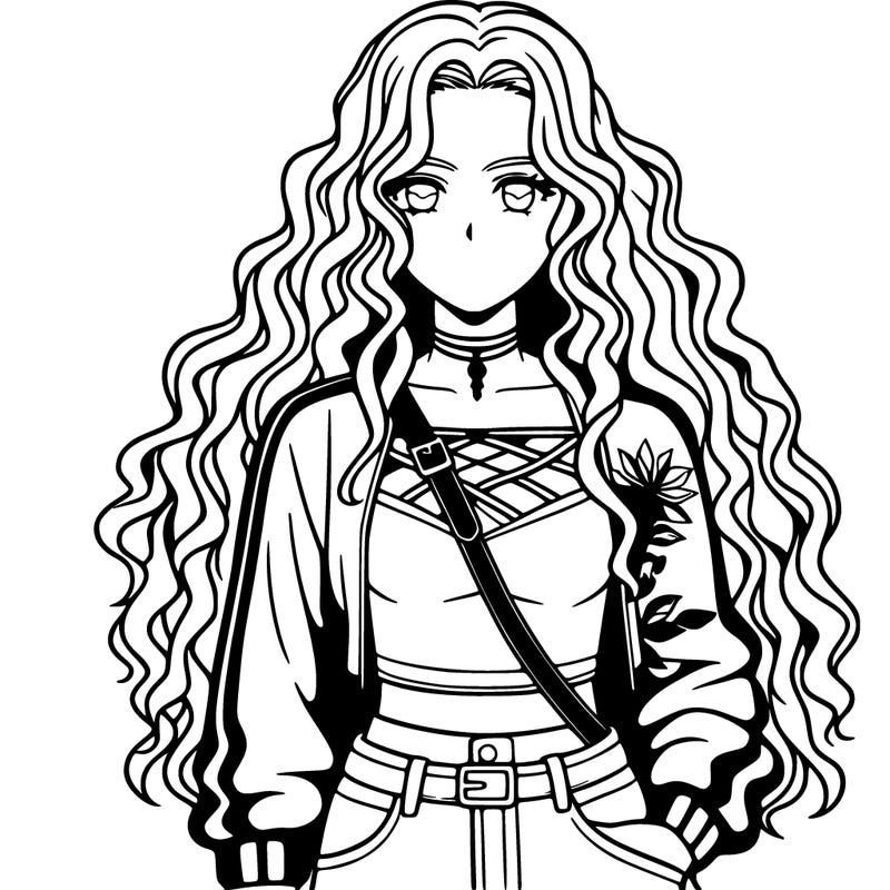 a realistic girl with long curly hair in a top with a sword design and a jacket
