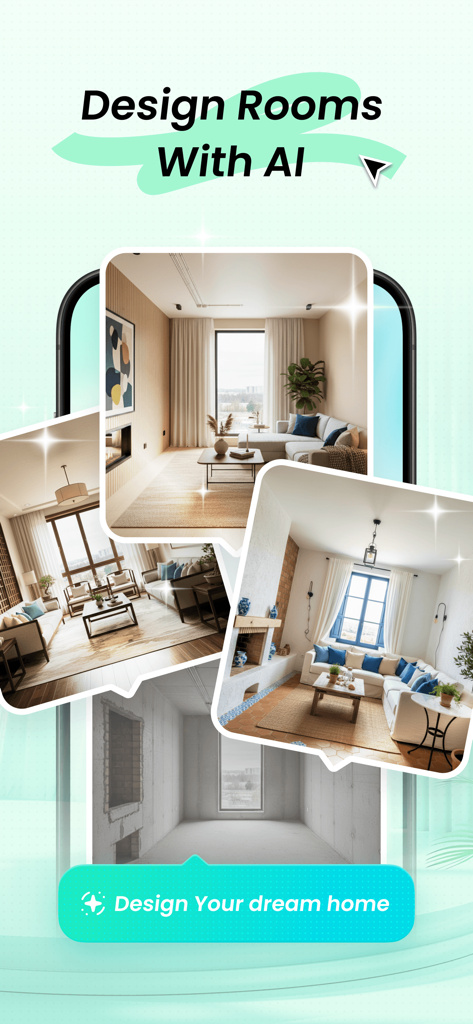 HavenAI app interface showing before and after AI room renderings for home renovation.