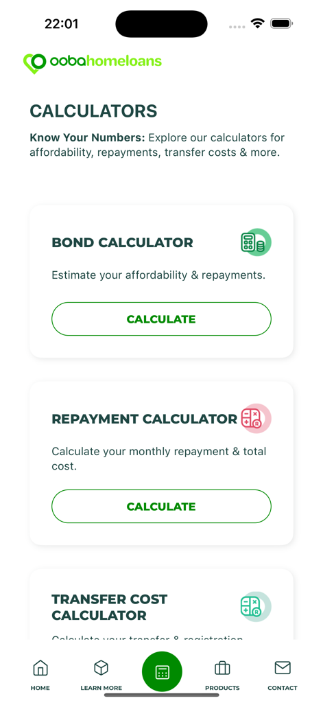 ooba home loan app - The calculators screen of the ooba home loan app showing bond and repayment calculator options.