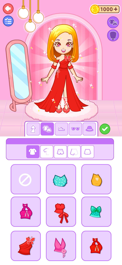 Cartoon girl in a red dress on the outfit selection screen of a dress up game