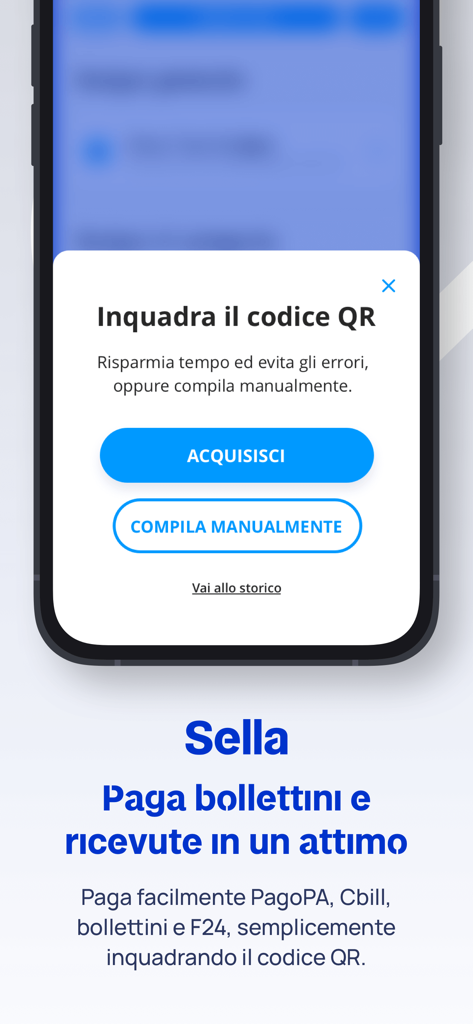 Sella - App di mobile banking Sella che mostra lo scanner di codici QR per il pagamento delle bollette