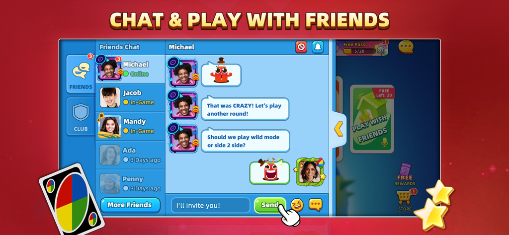 Interfaz de la aplicación móvil UNO!™ que muestra la función de chat y jugar con amigos con una lista de contactos y el historial de mensajes.