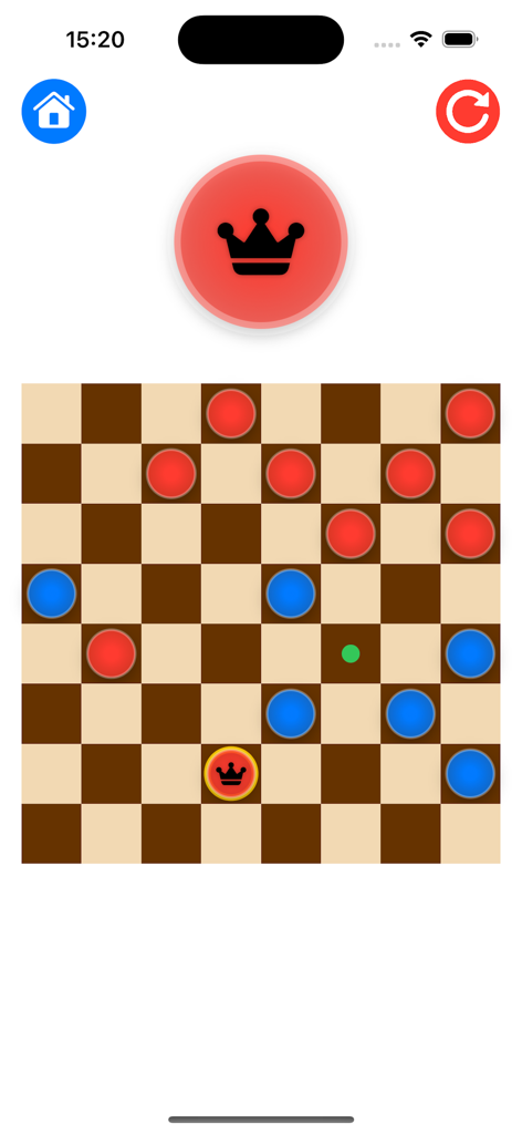 Un tablero de juego de damas digital mostrando una pieza roja siendo coronada como rey