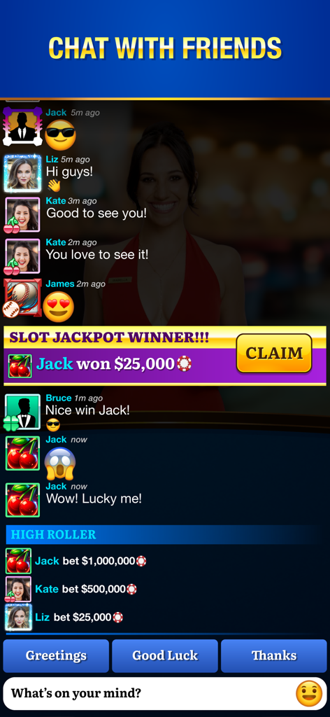 Blackjack Live ™ Casino 21 - ブラックジャックライブ カジノ21のソーシャルチャットインターフェースに、プレイヤーのメッセージとジャックポットアラートが表示されています