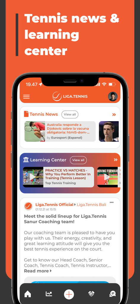 Smartphone screen of Liga App featuring tennis news and a learning center for lessons