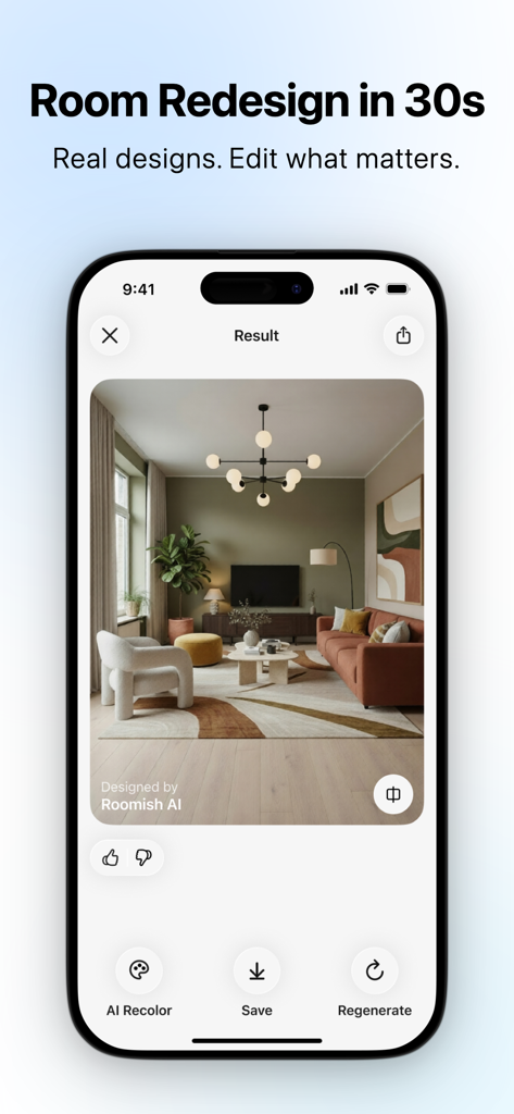 Home & Room AI Interior Design - iPhone画面に表示されたAI生成のモダンなリビングルームのインテリアデザイン結果